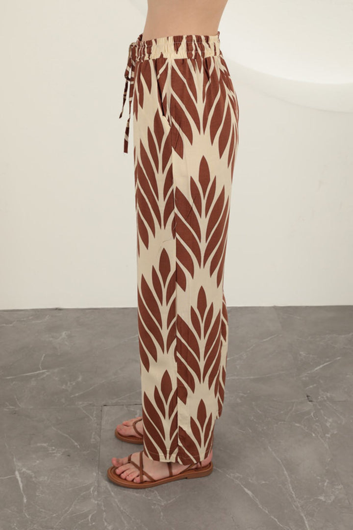 KKT Viscose Fabric Leaf Pattern Trousers-Coffee - Cleveland