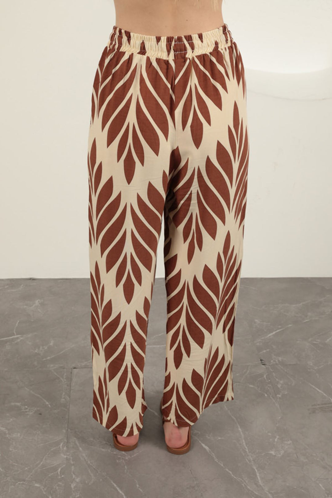 KKT Viscose Fabric Leaf Pattern Trousers-Coffee - Cleveland