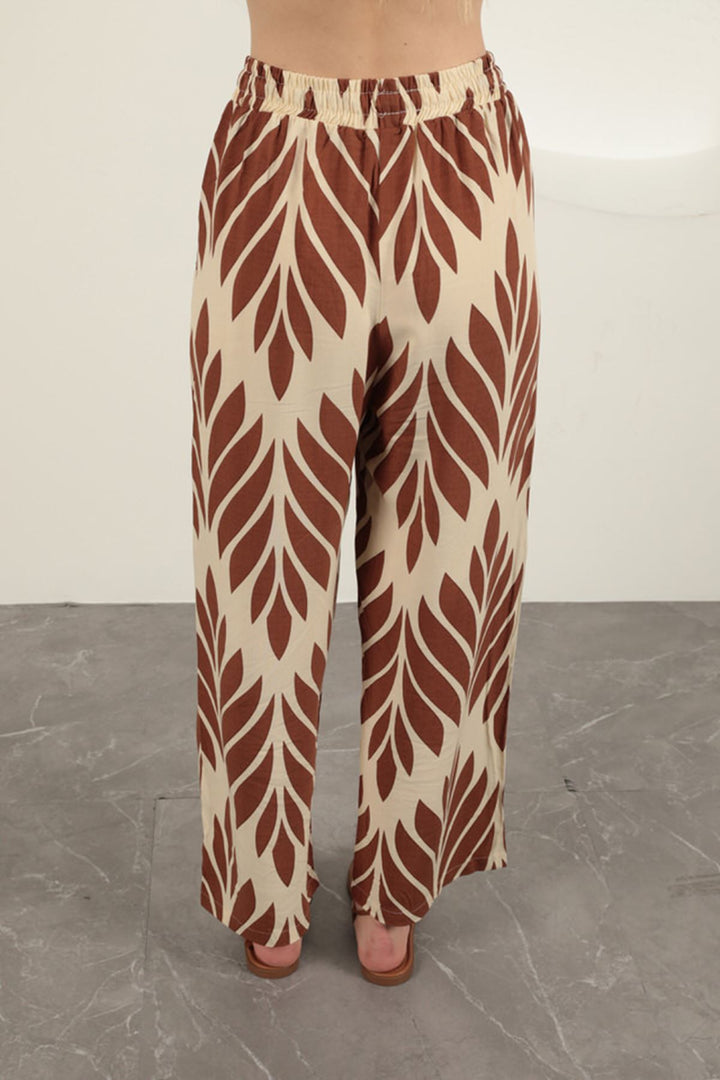 KKT Viscose Fabric Leaf Pattern Trousers-Coffee - Cleveland