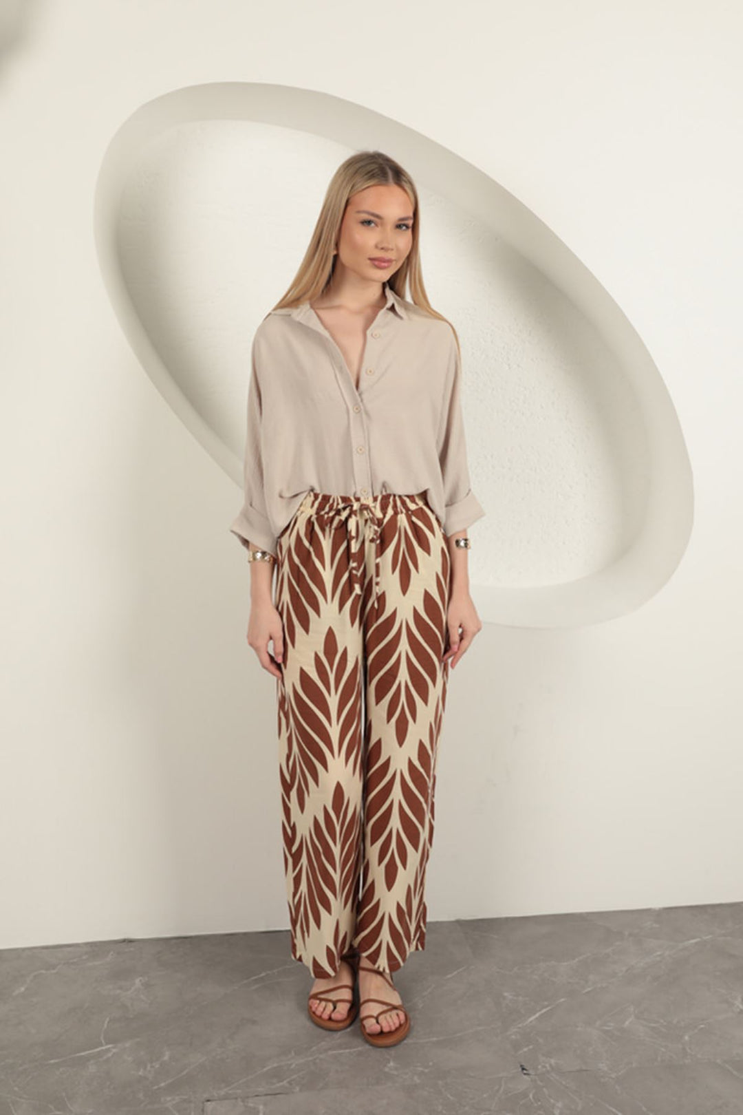 KKT Viscose Fabric Leaf Pattern Trousers-Coffee - Cleveland