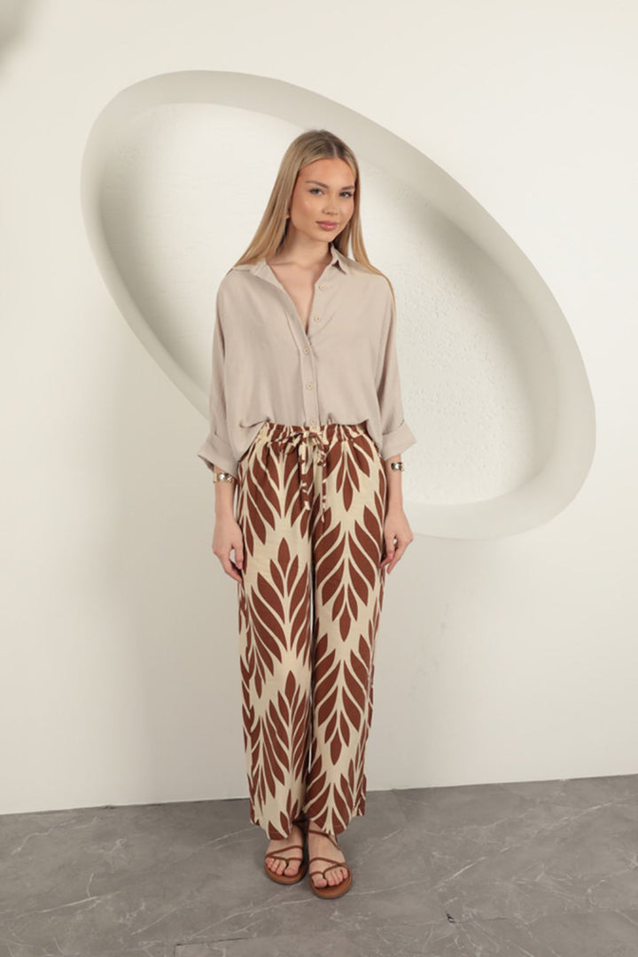 KKT Viscose Fabric Leaf Pattern Trousers-Coffee - Cleveland