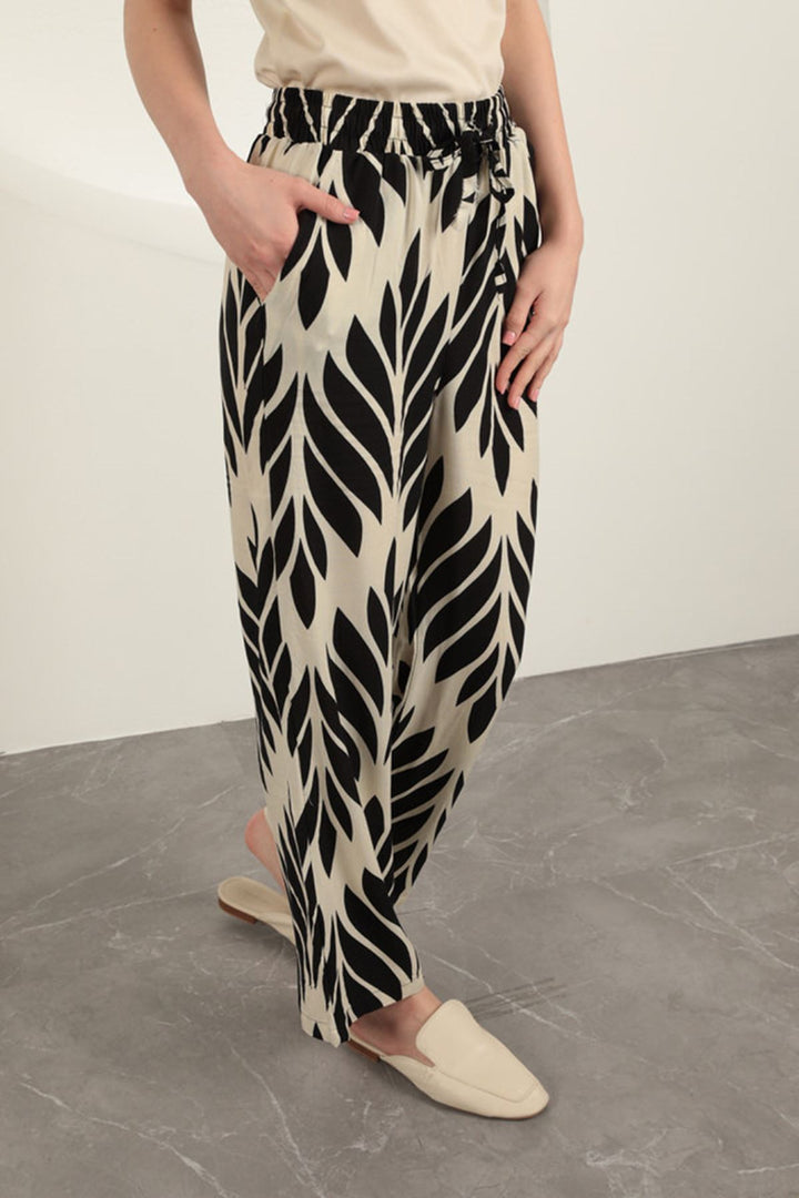 KKT Viscose Fabric Leaf Pattern Trousers-Black - Padova