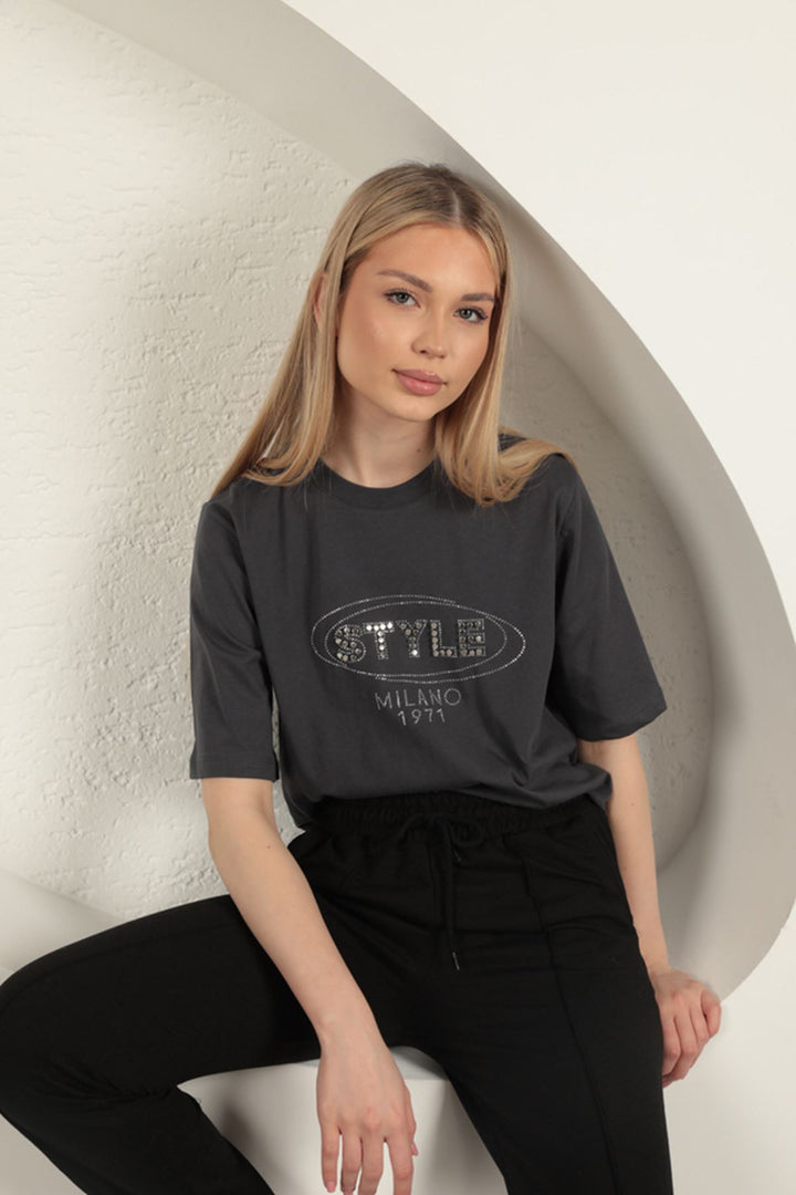 KKT Süprem Kumaş Taş Detaylı Kadın Tişört-Antrasit - Springfield