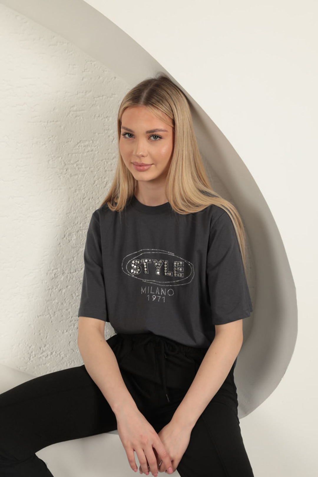 KKT Süprem Kumaş Taş Detaylı Kadın Tişört-Antrasit - Springfield