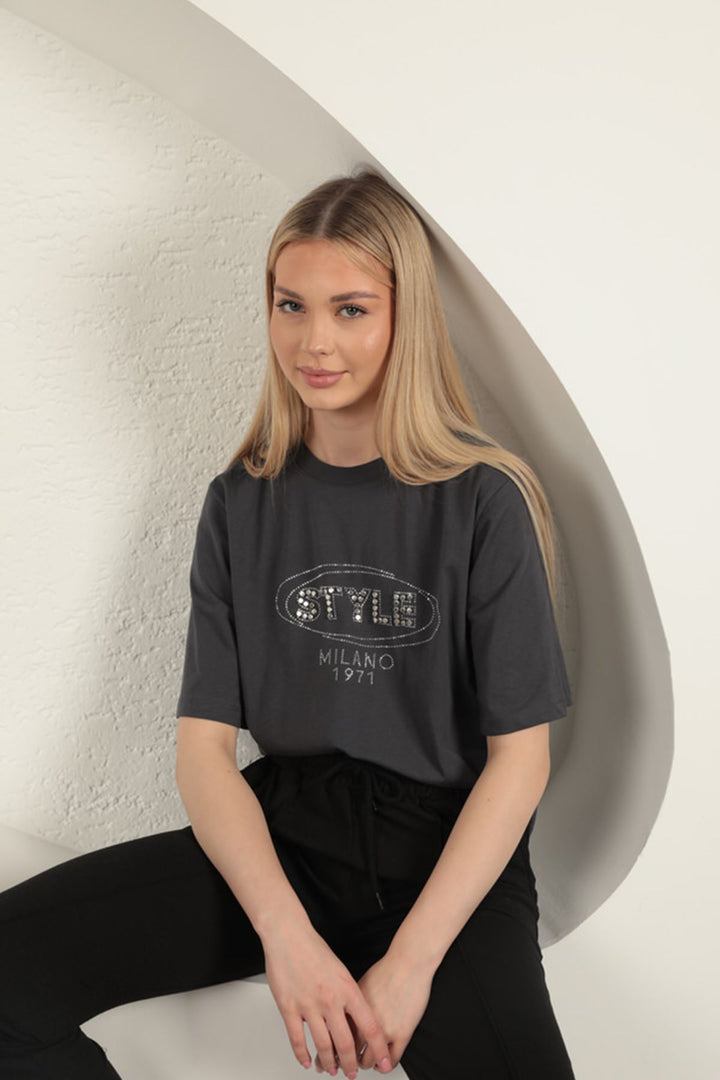 KKT Süprem Kumaş Taş Detaylı Kadın Tişört-Antrasit - Springfield