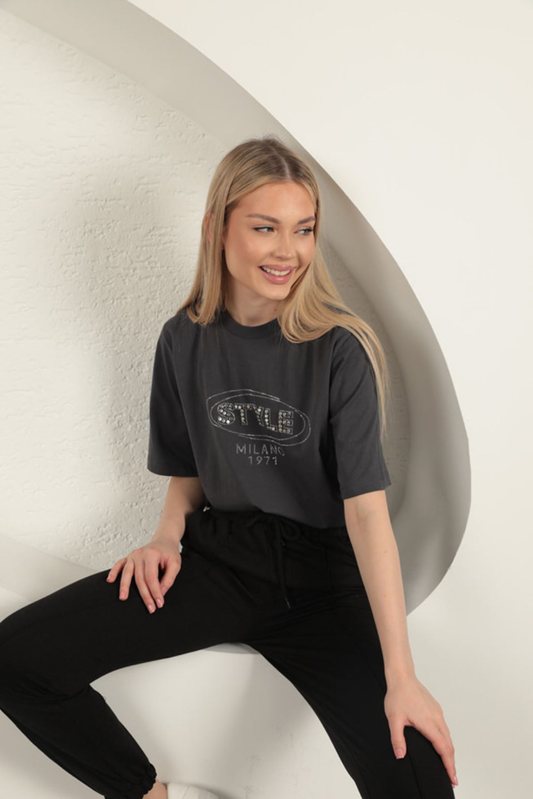 KKT Süprem Kumaş Taş Detaylı Kadın Tişört-Antrasit - Springfield