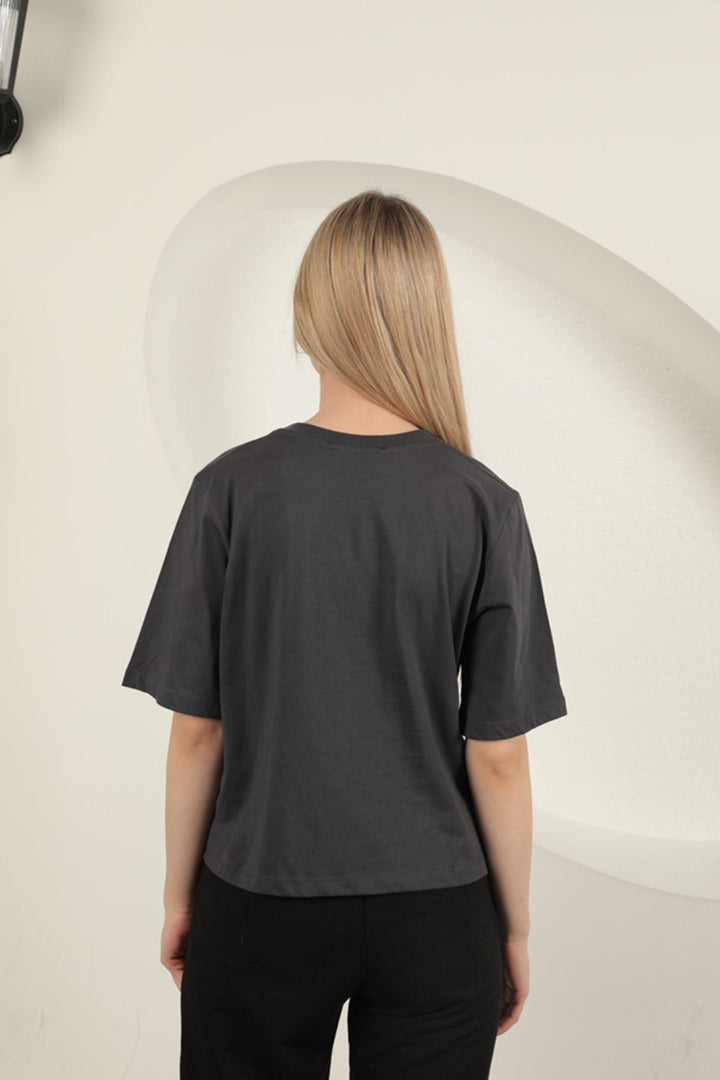 KKT Süprem Kumaş Taş Detaylı Kadın Tişört-Antrasit - Springfield