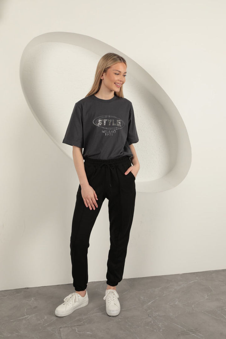 KKT Süprem Kumaş Taş Detaylı Kadın Tişört-Antrasit - Springfield