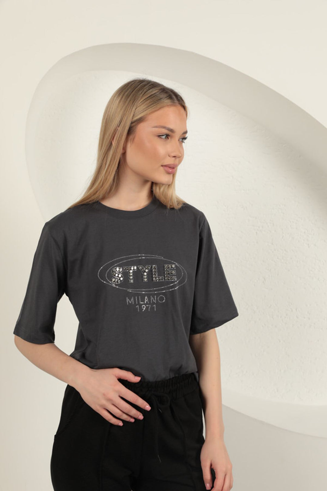 KKT Süprem Kumaş Taş Detaylı Kadın Tişört-Antrasit - Springfield