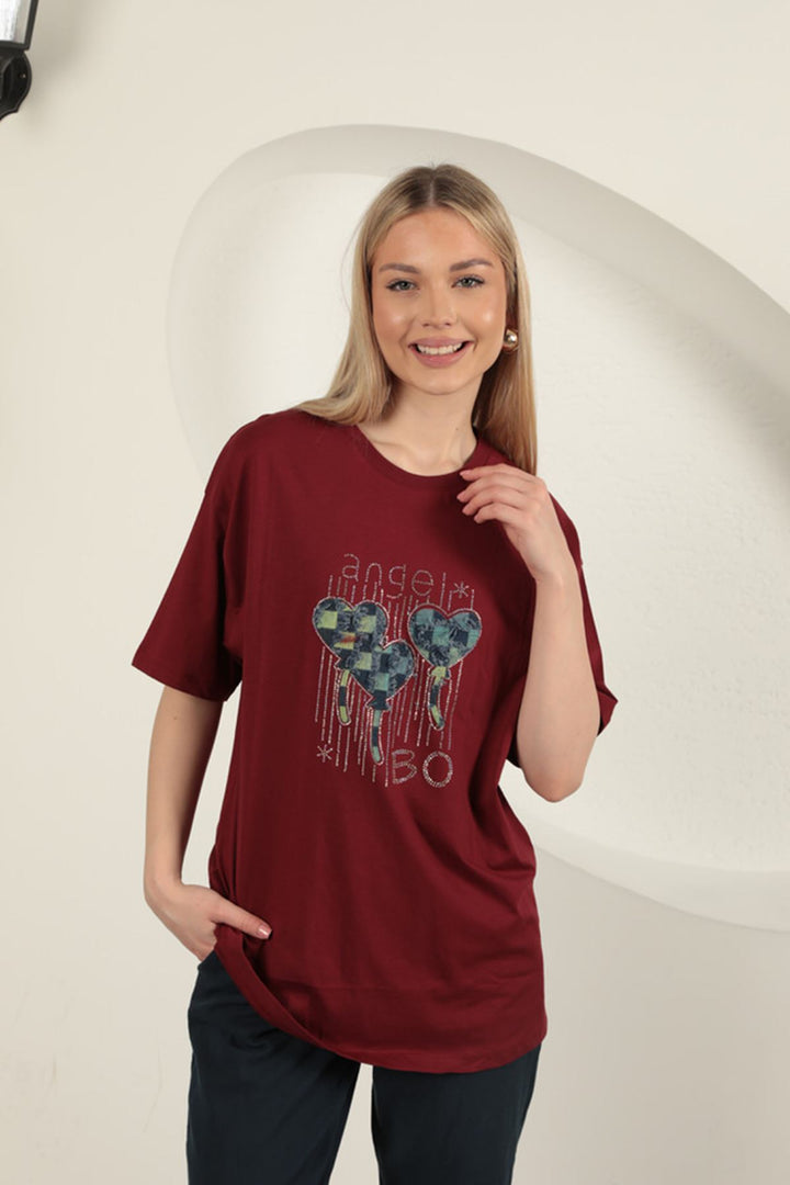 KKT Stone Printed Women's T-Shirt-Burgundy - New Britain