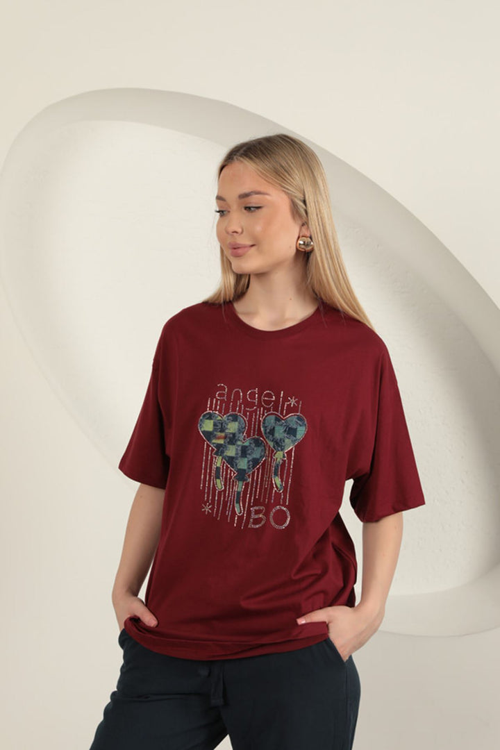 KKT Stone Printed Women's T-Shirt-Burgundy - New Britain