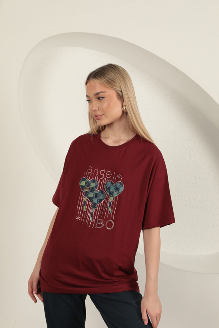 KKT Stone Printed Women's T-Shirt-Burgundy - New Britain