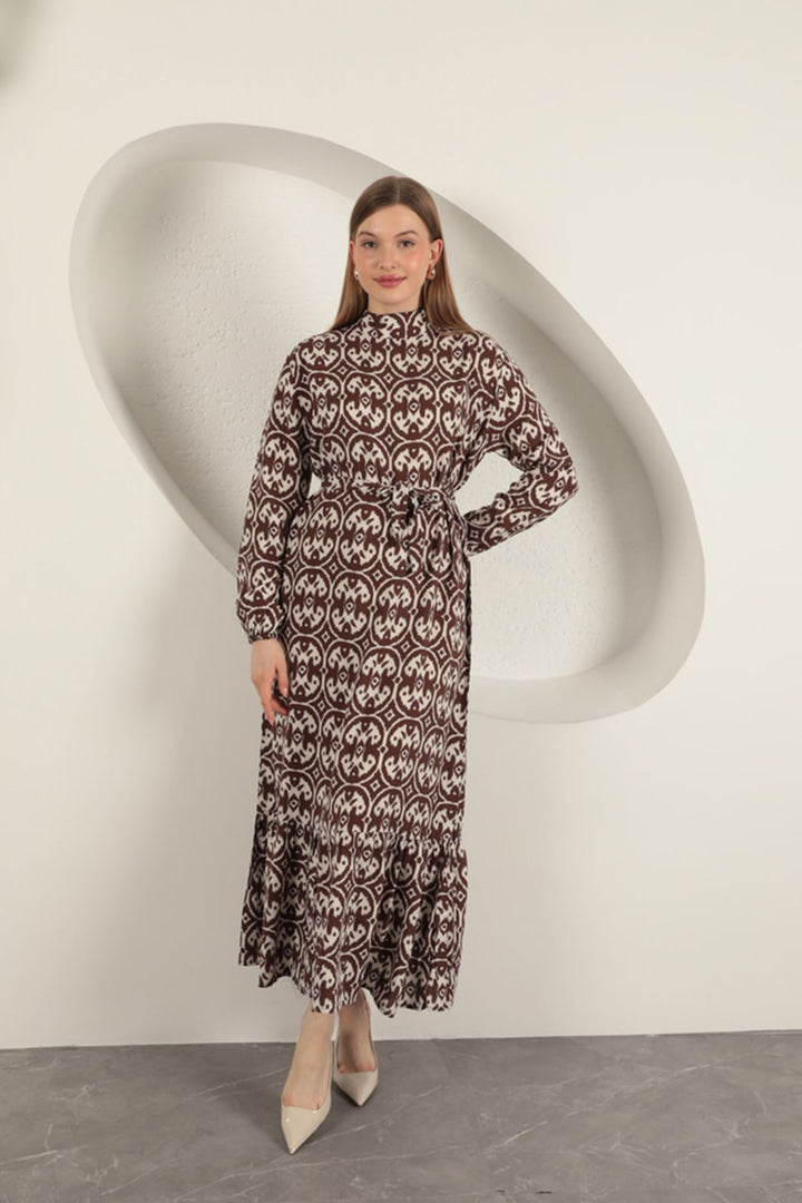 KKT Viscose Fabric Geometric Pattern Dress-Beige - Ameca