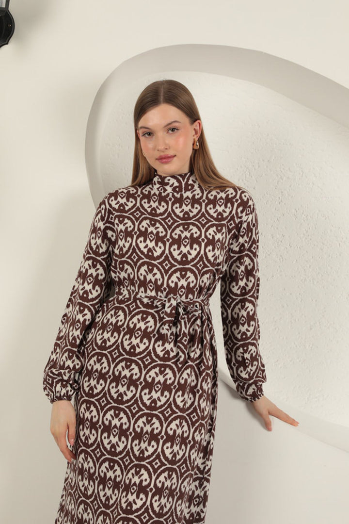 KKT Viscose Fabric Geometric Pattern Dress-Beige - Ameca