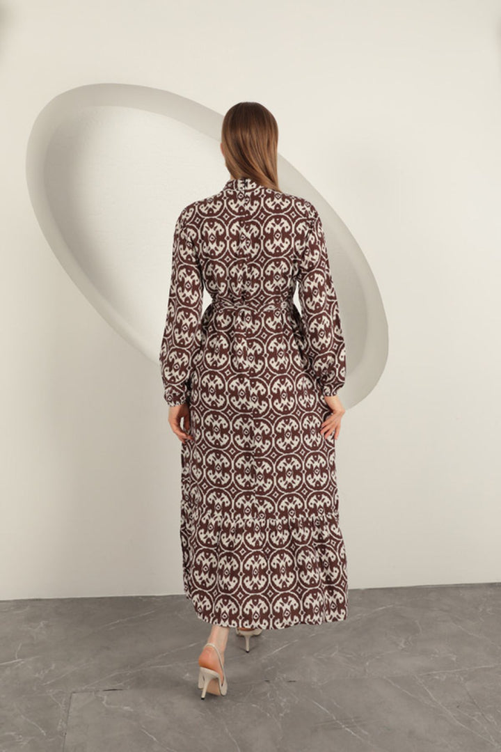 KKT Viscose Fabric Geometric Pattern Dress-Beige - Ameca
