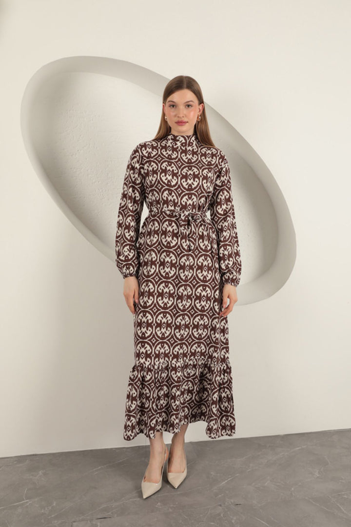 KKT Viscose Fabric Geometric Pattern Dress-Beige - Ameca