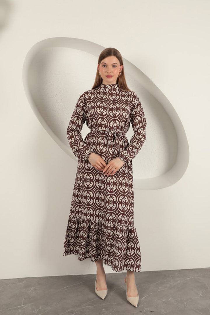 KKT Viscose Fabric Geometric Pattern Dress-Beige - Ameca