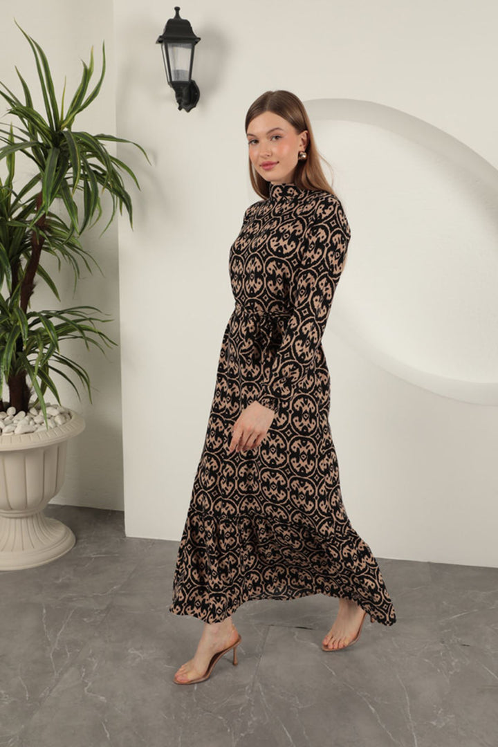KKT Viscose Fabric Geometric Pattern Dress-Coffee - East Meadow