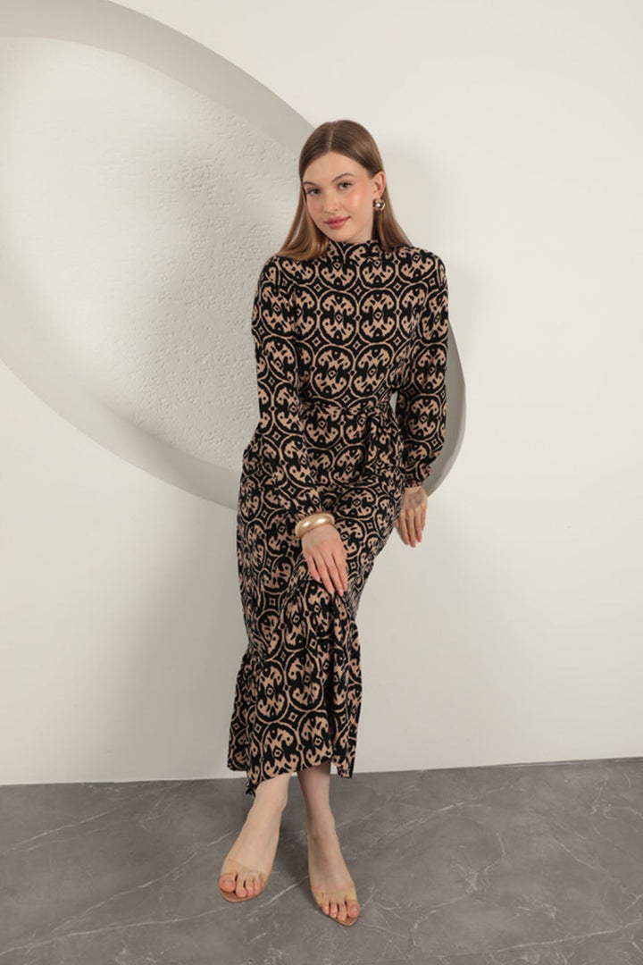 KKT Viscose Fabric Geometric Pattern Dress-Coffee - East Meadow