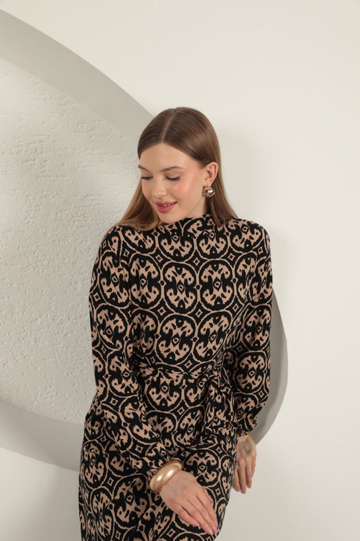 KKT Viscose Fabric Geometric Pattern Dress-Coffee - East Meadow