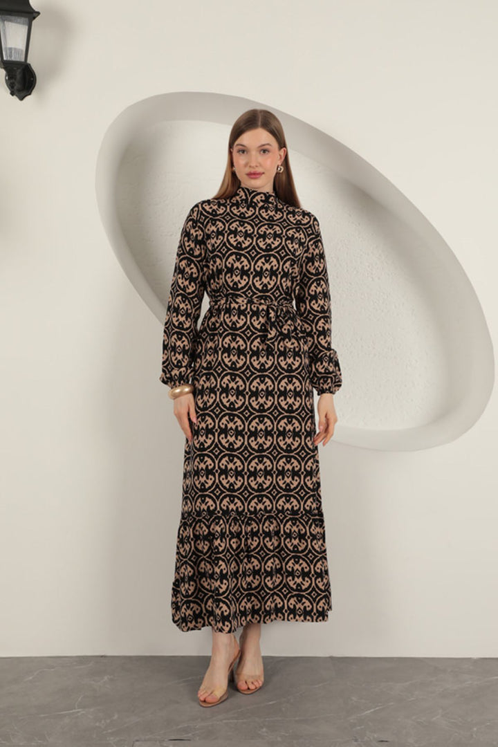 KKT Viscose Fabric Geometric Pattern Dress-Coffee - East Meadow