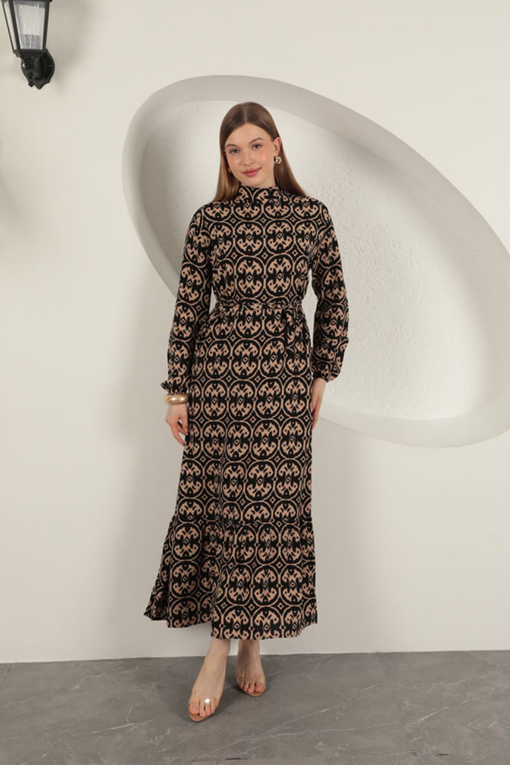KKT Viscose Fabric Geometric Pattern Dress-Coffee - East Meadow