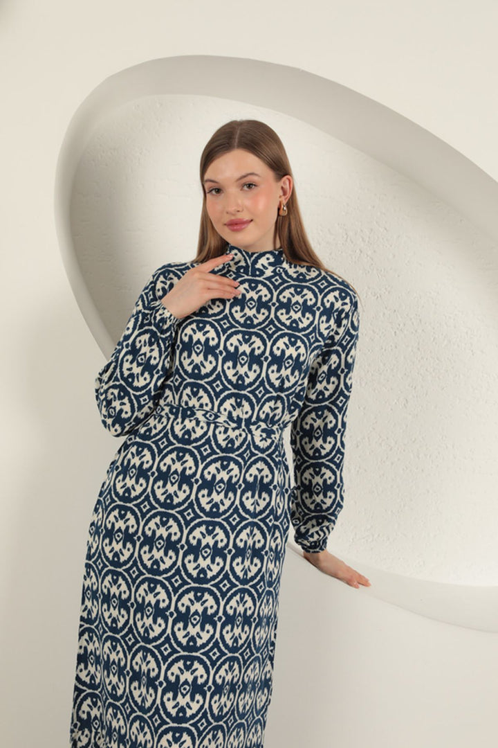 KKT Viscose Fabric Geometric Pattern Dress-Sax - Ciudad de Huajuapam de León