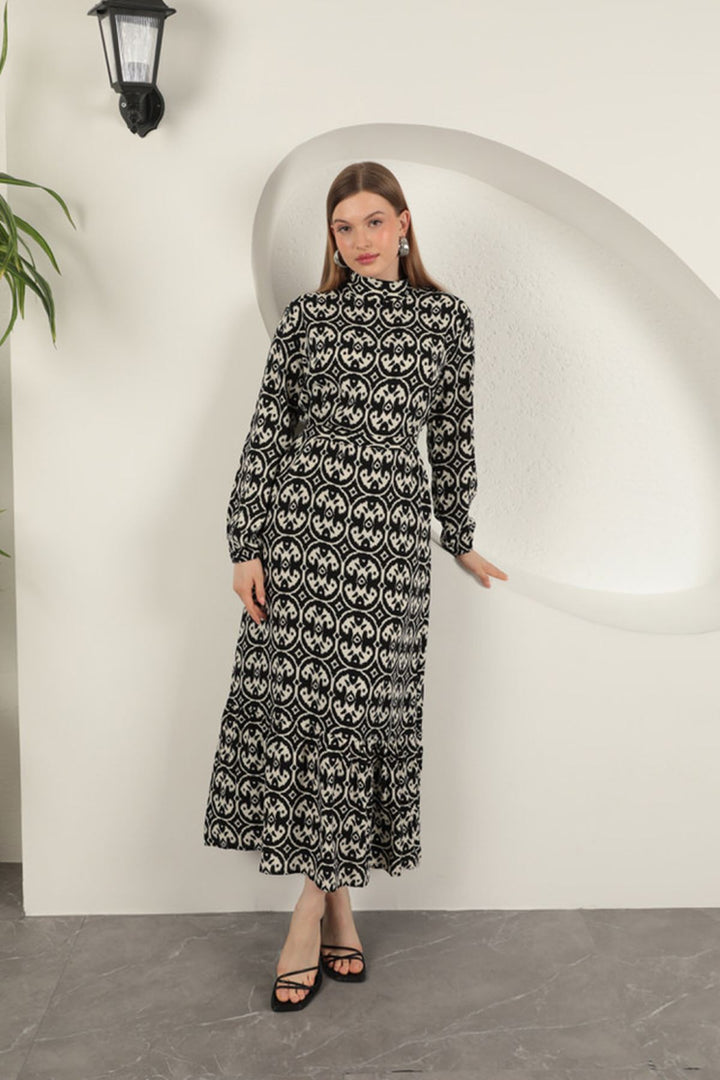 KKT Viscose Fabric Geometric Pattern Dress-Black - Brentwood