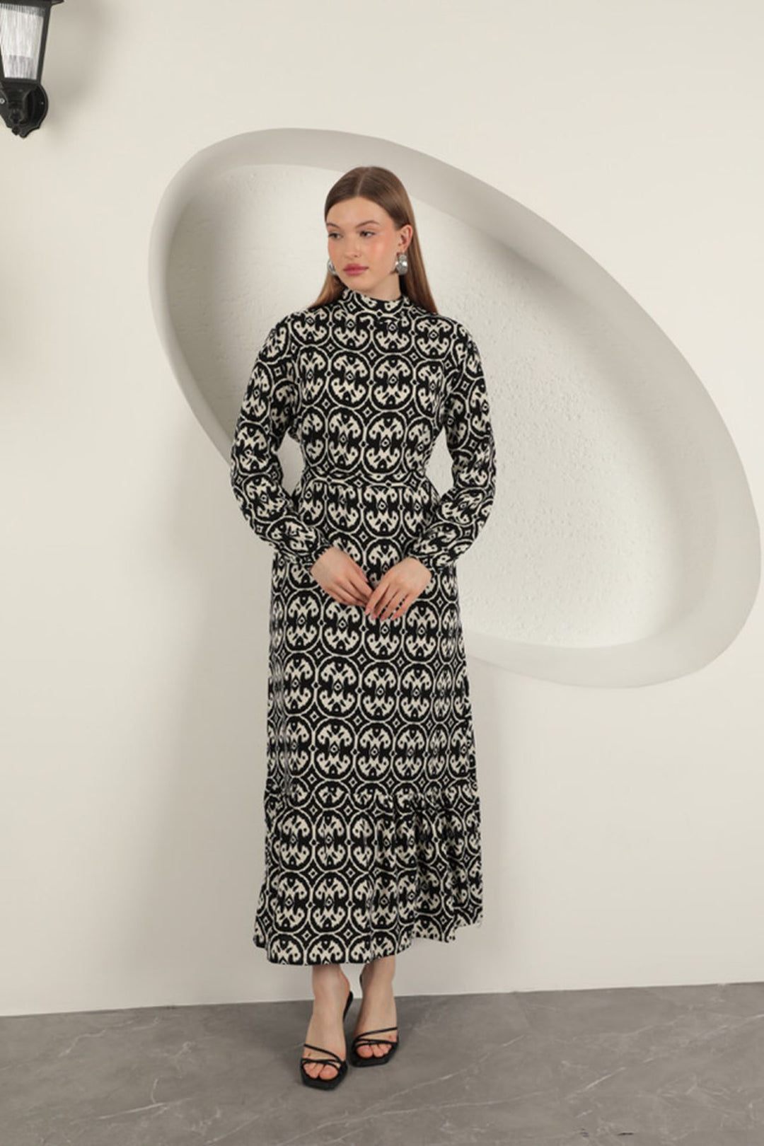 KKT Viscose Fabric Geometric Pattern Dress-Black - Brentwood
