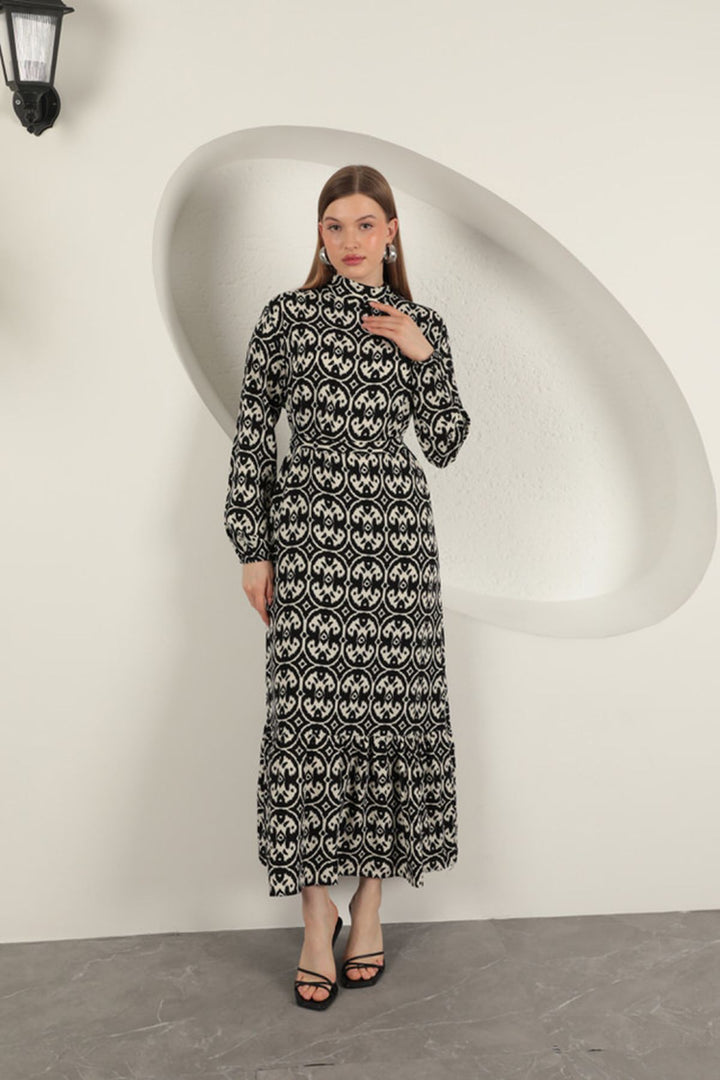 KKT Viscose Fabric Geometric Pattern Dress-Black - Brentwood