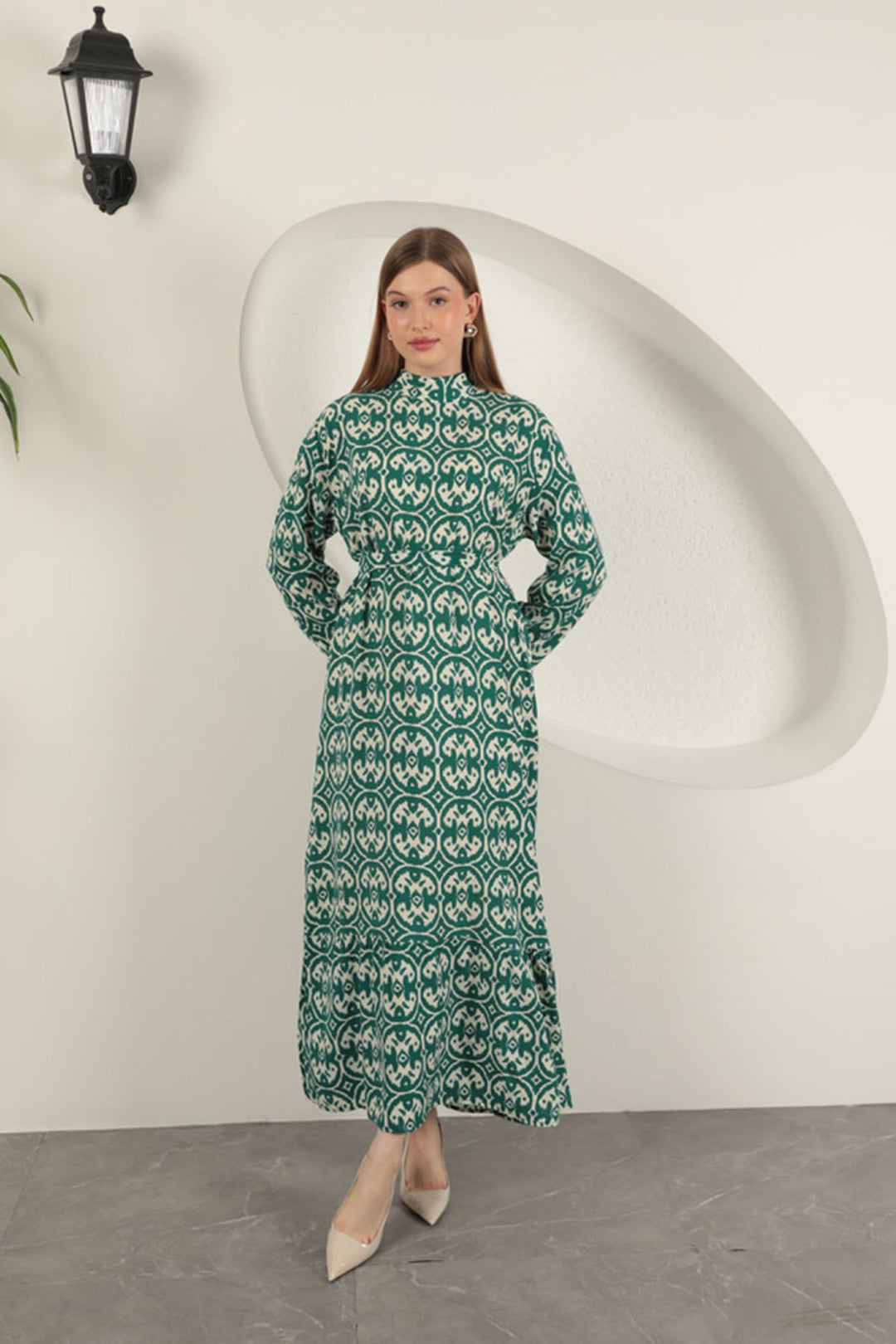 KKT Viscose Fabric Geometric Pattern Dress-Green - Nuneaton