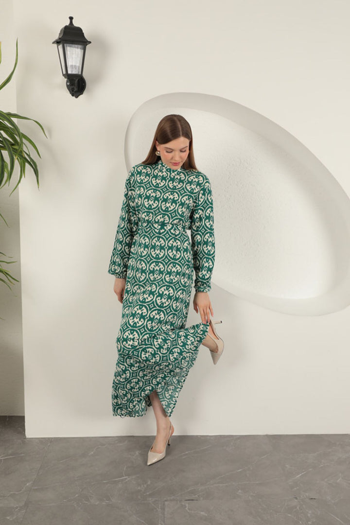 KKT Viscose Fabric Geometric Pattern Dress-Green - Nuneaton