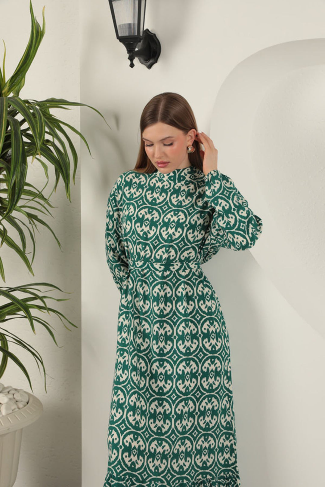 KKT Viscose Fabric Geometric Pattern Dress-Green - Nuneaton