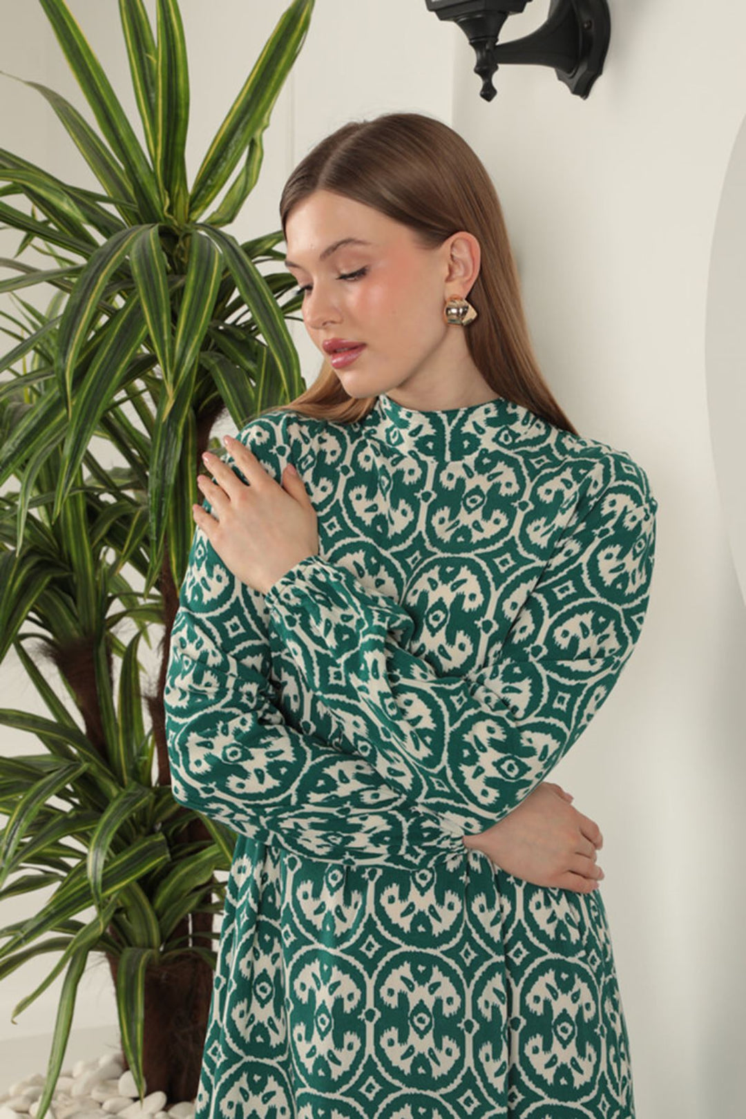 KKT Viscose Fabric Geometric Pattern Dress-Green - Nuneaton