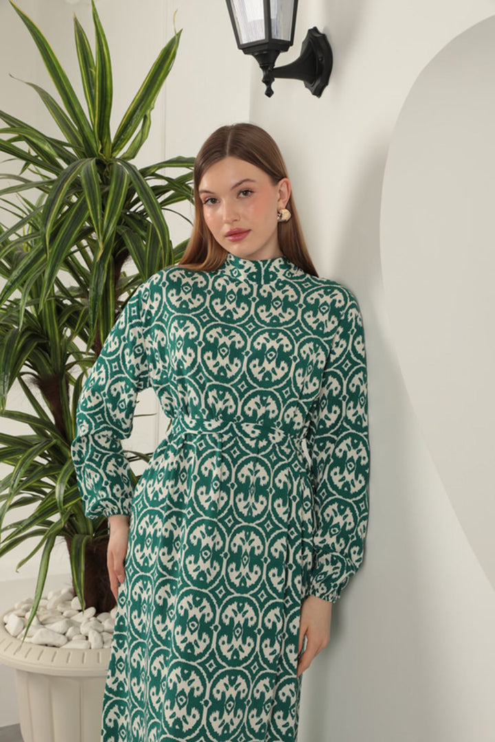 KKT Viscose Fabric Geometric Pattern Dress-Green - Nuneaton
