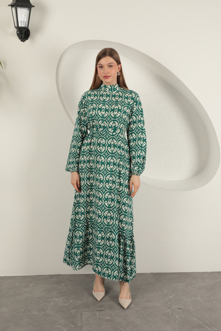 KKT Viscose Fabric Geometric Pattern Dress-Green - Nuneaton