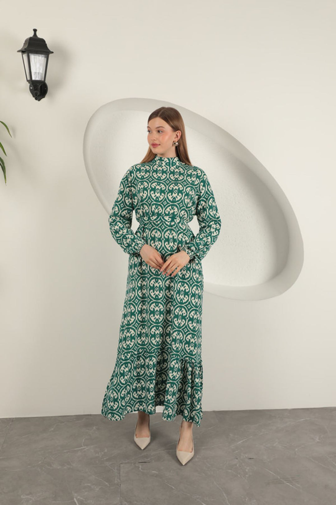 KKT Viscose Fabric Geometric Pattern Dress-Green - Nuneaton