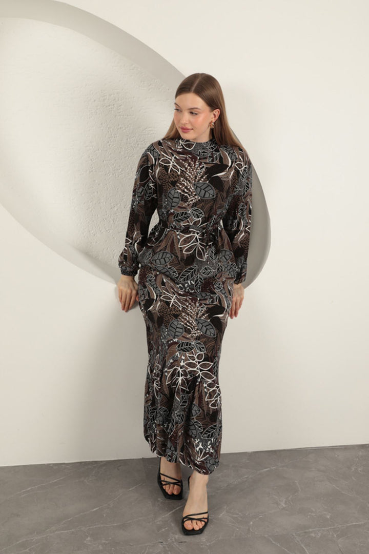 KKT Viscose Fabric Leaf Patterned Dress-Coffee - Medgidia