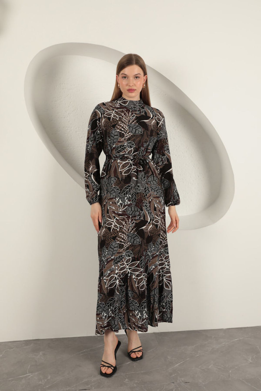 KKT Viscose Fabric Leaf Patterned Dress-Coffee - Medgidia