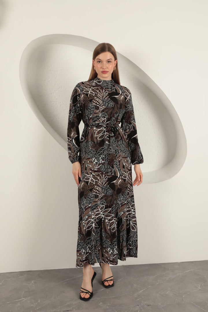 KKT Viscose Fabric Leaf Patterned Dress-Coffee - Medgidia