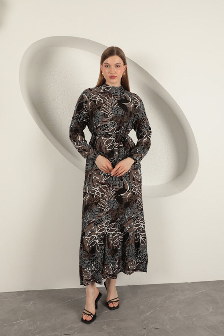 KKT Viscose Fabric Leaf Patterned Dress-Coffee - Medgidia