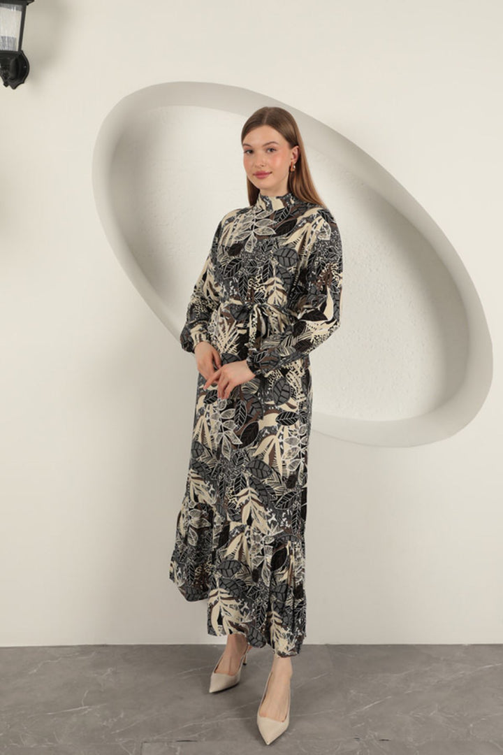 KKT Viscose Fabric Leaf Patterned Dress-Black - Rijswijk