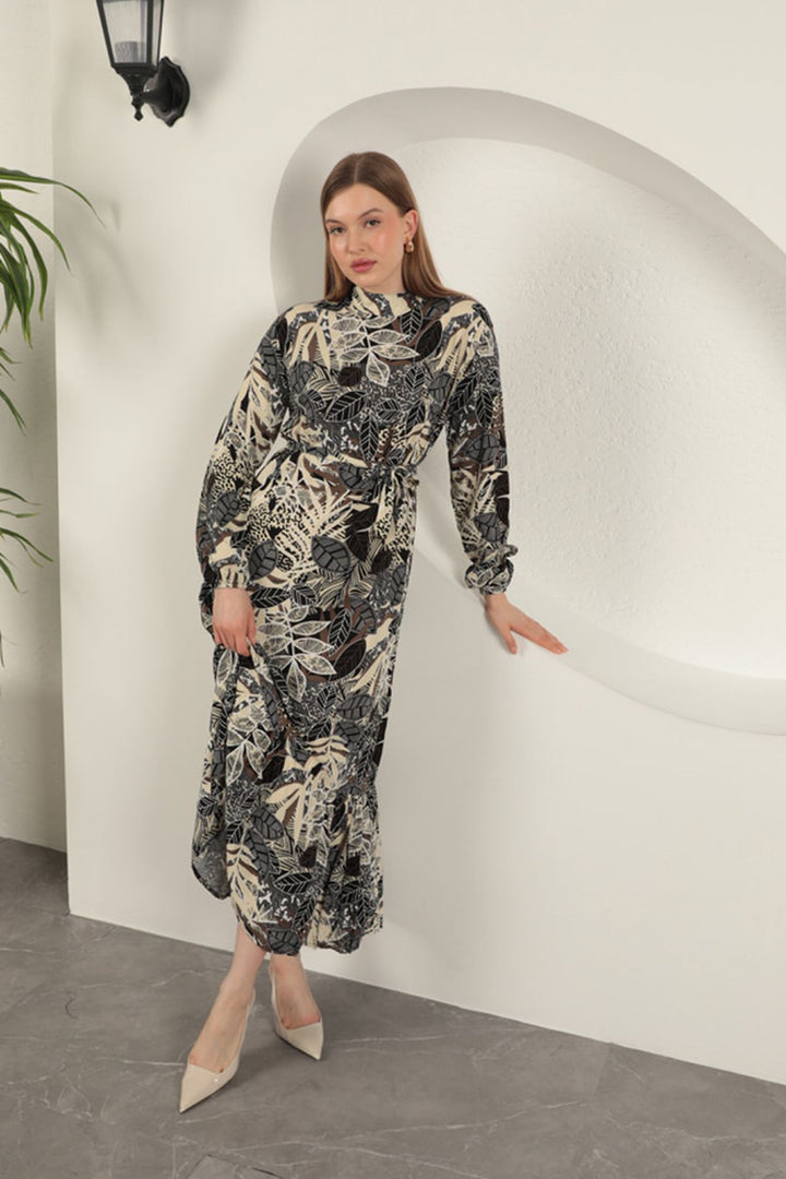 KKT Viscose Fabric Leaf Patterned Dress-Black - Rijswijk