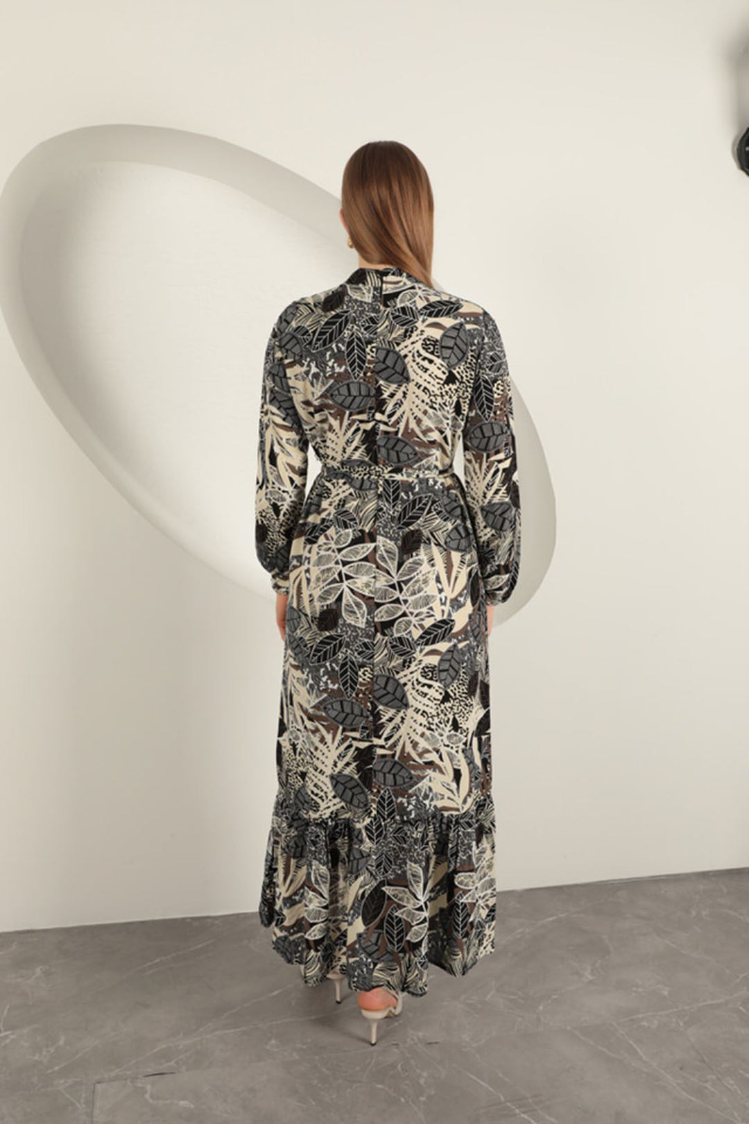KKT Viscose Fabric Leaf Patterned Dress-Black - Rijswijk