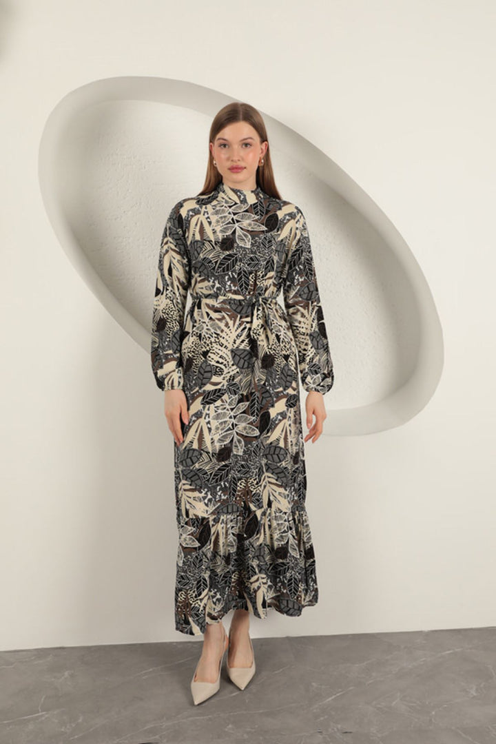 KKT Viscose Fabric Leaf Patterned Dress-Black - Rijswijk