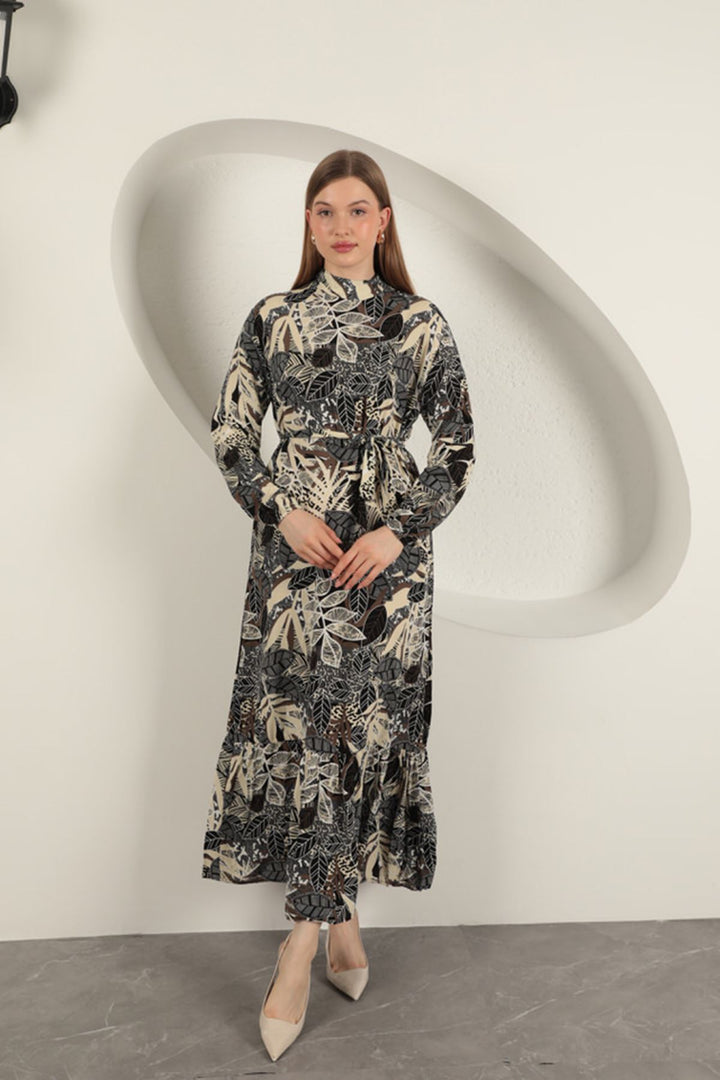 KKT Viscose Fabric Leaf Patterned Dress-Black - Rijswijk