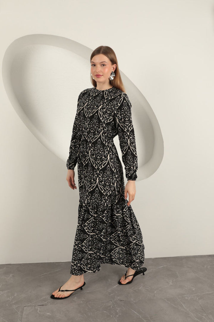 KKT Viscose Fabric Patterned Dress-Black/Ecru - Torrente