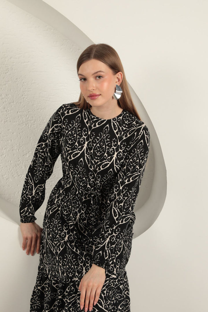 KKT Viscose Fabric Patterned Dress-Black/Ecru - Torrente