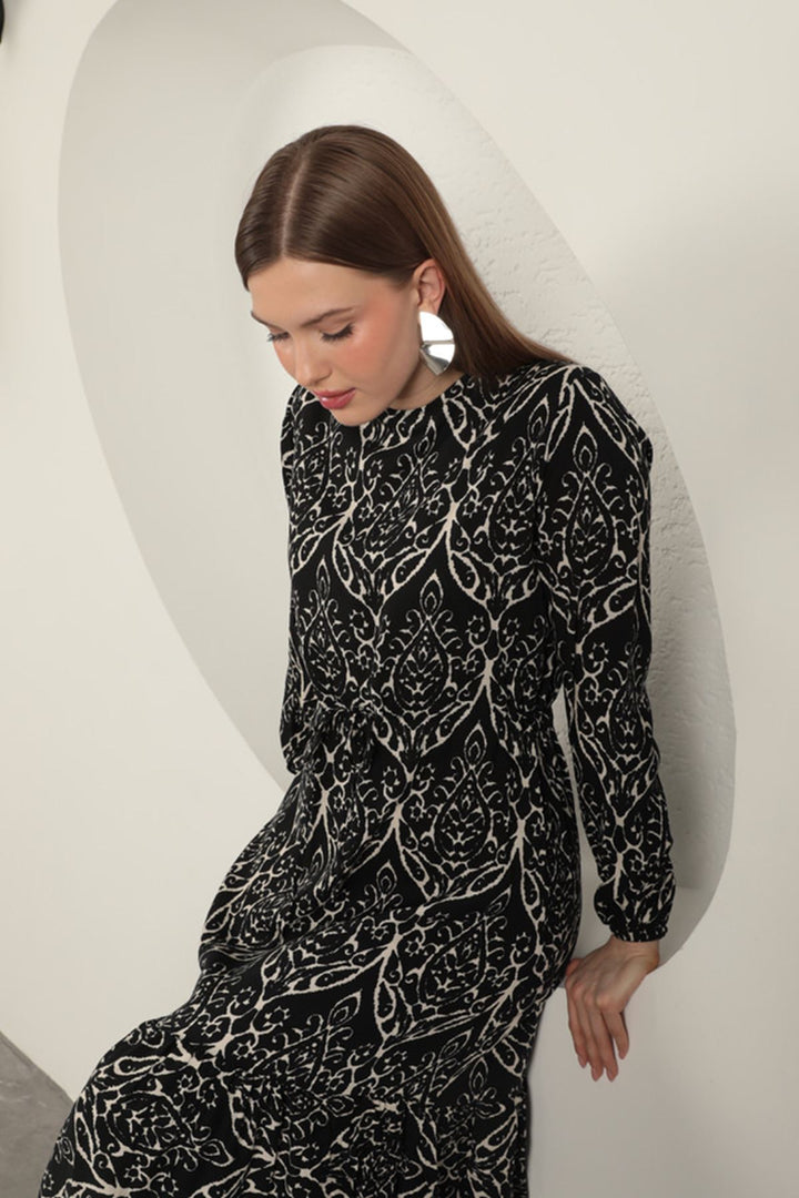KKT Viscose Fabric Patterned Dress-Black/Ecru - Torrente