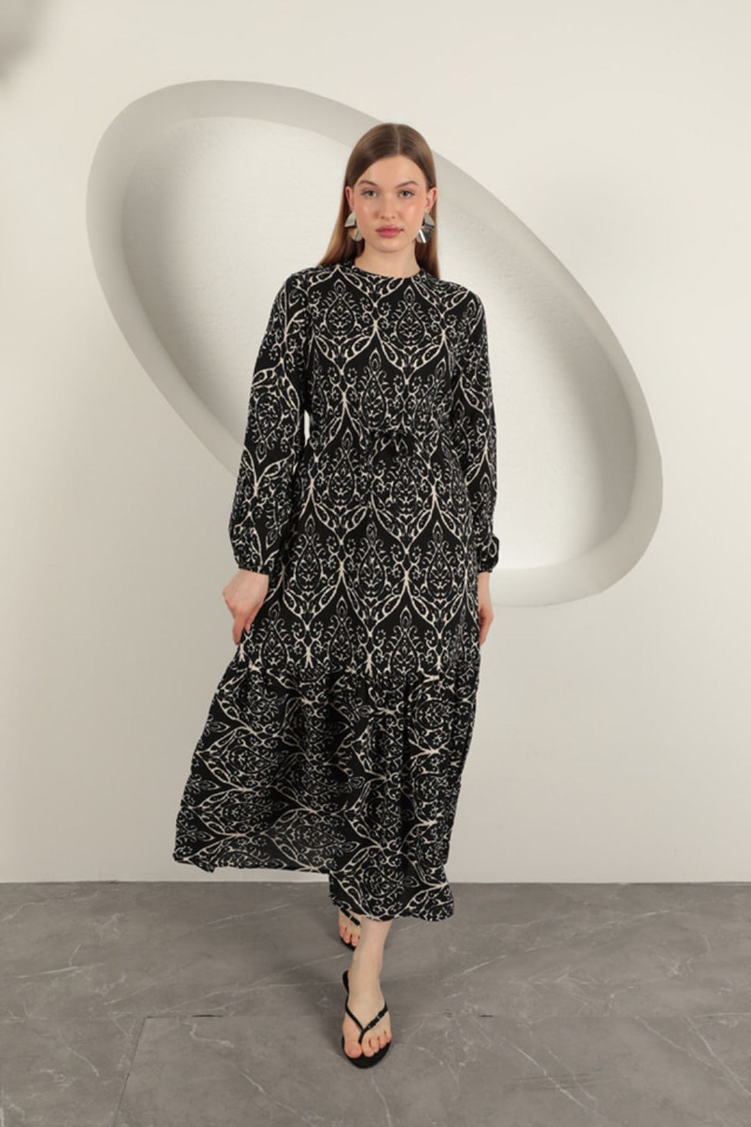 KKT Viscose Fabric Patterned Dress-Black/Ecru - Torrente